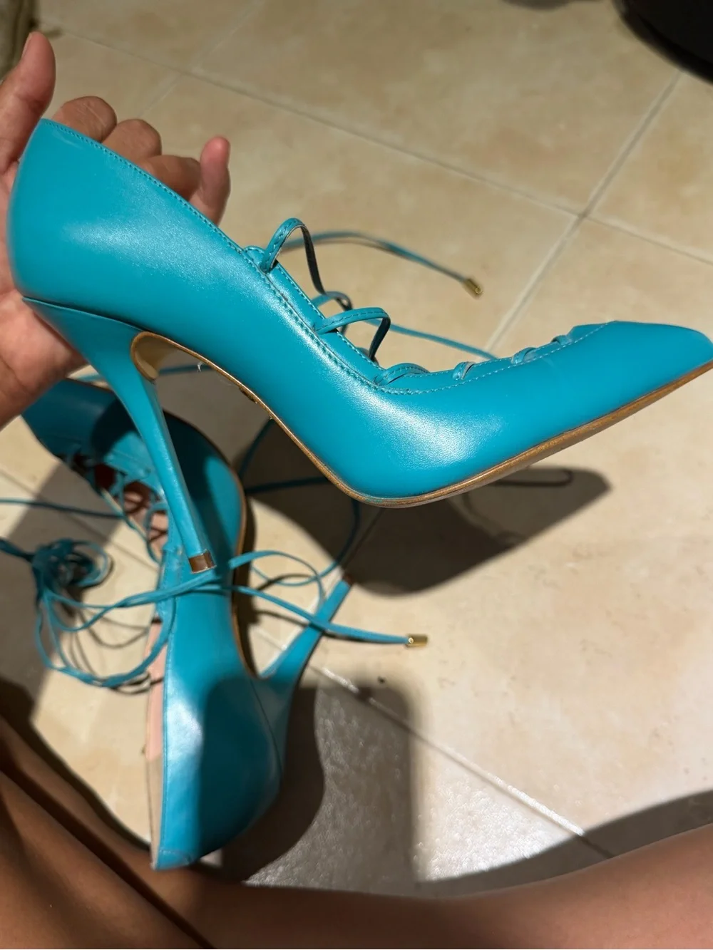 Andrea Turquoise Lace-Up Pointed Toe Stiletto Heels leather
